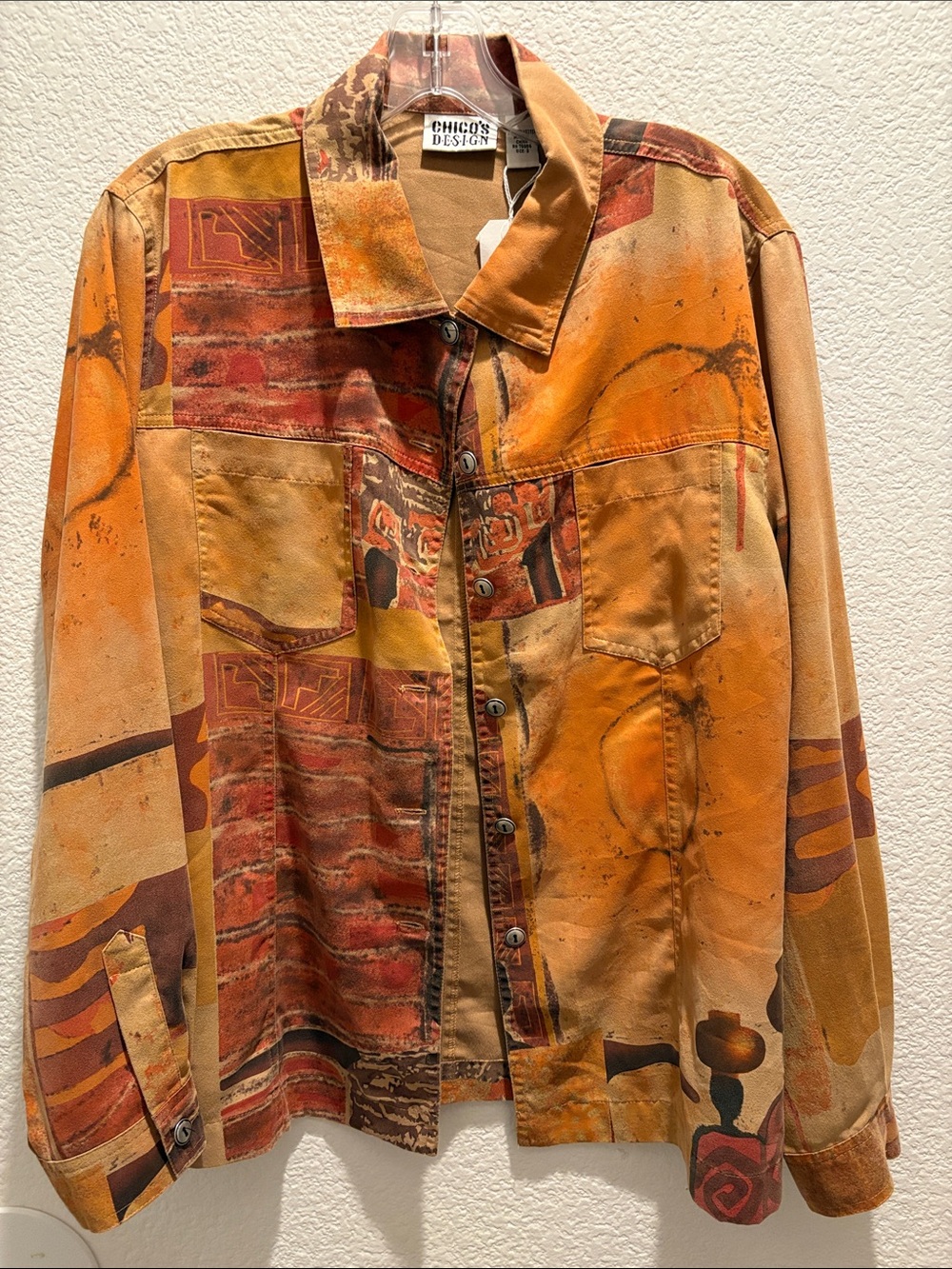 Vintage Chico's Multicolor Patchwork Button-Down Shirt Jacket in Orange and Tan